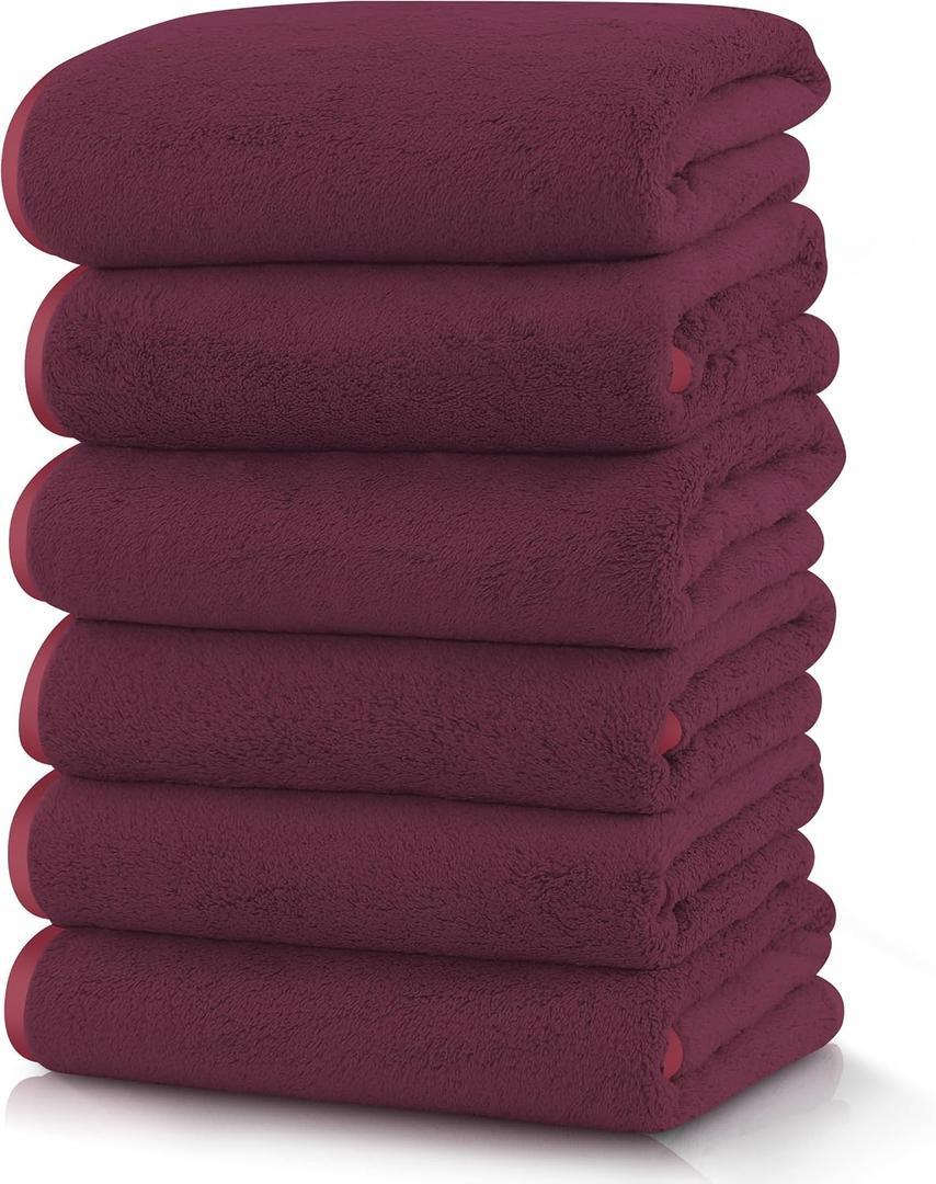 TENSTARS Silk Hemming Hand Towels for Bathroom - Quick Drying - Ultra Soft Microfiber Absorbent Towel for Bath Fitness, Gym, Shower, Hotel, and Spa - 16x28 Inch | Set of 6, Burgundy