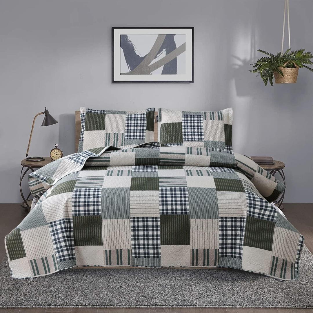 Jessy Home Twin Size Quilt Set Plaid Patchwork Bedding Reversible Bedspread Quilt Stripe Line Style Mens Quilts Coverlet Soft Breathable