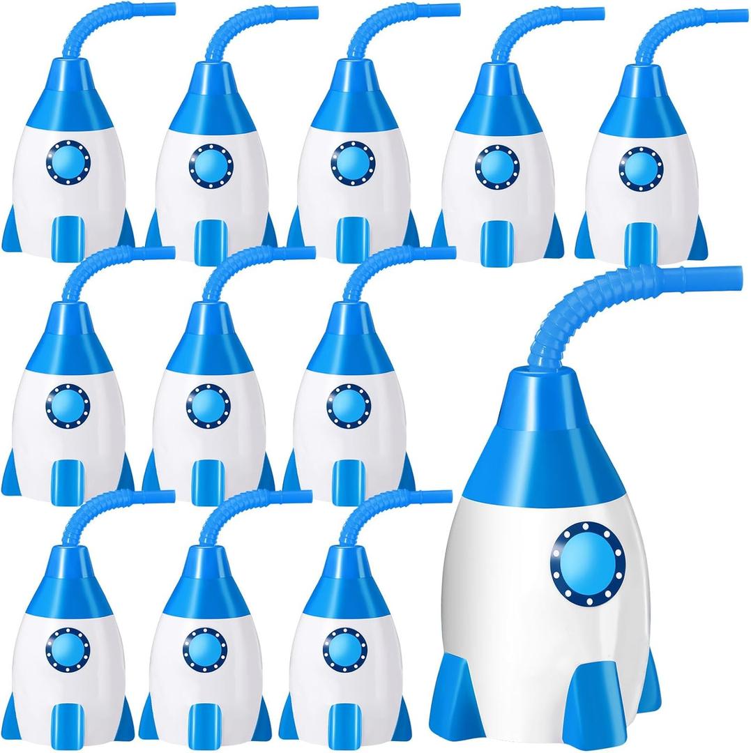 Tanlade Space Cups Bulk Plastic Rocket Shape Cups Rocket Bottles with Straws Universe Themed Party Favor Gift Supplies, Reusable Outer Space Party Favor for Kids Birthday, Blue Color,12 Set 