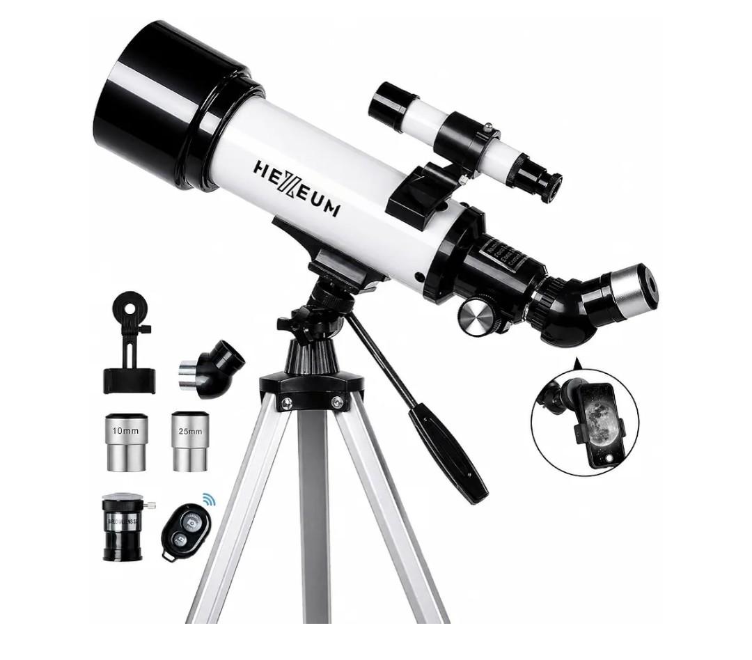 Koolpte Telescope for Kids, 70mm/500mm AZ Refractor for Beginners, WhitePortable telescope for kids and beginners to view the Moon and landscapes, with AZ mount, phone adapter, remote and case