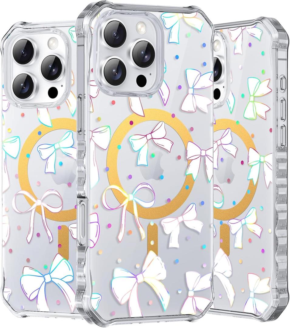 2 x PIXIU Case for iPhone 16 Pro Compatible with Magsafe, Laser Glossy Pattern,Cute Curly Wave Clear TPU Bumper Military Grade Drop Protection Phone Cover for Women/Girls -Bow