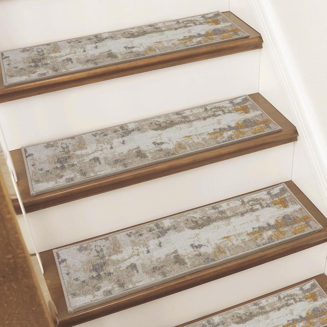 BEQHAUSE Stair Treads for Wooden Steps Non-Slip Machine Washable Carpet Stair Treads 8"X30" Soft Indoor Stair Runner for Kids, Elders and Pets, 100% Polyester, TPE Backing, 15pcs, Beige/Grey
