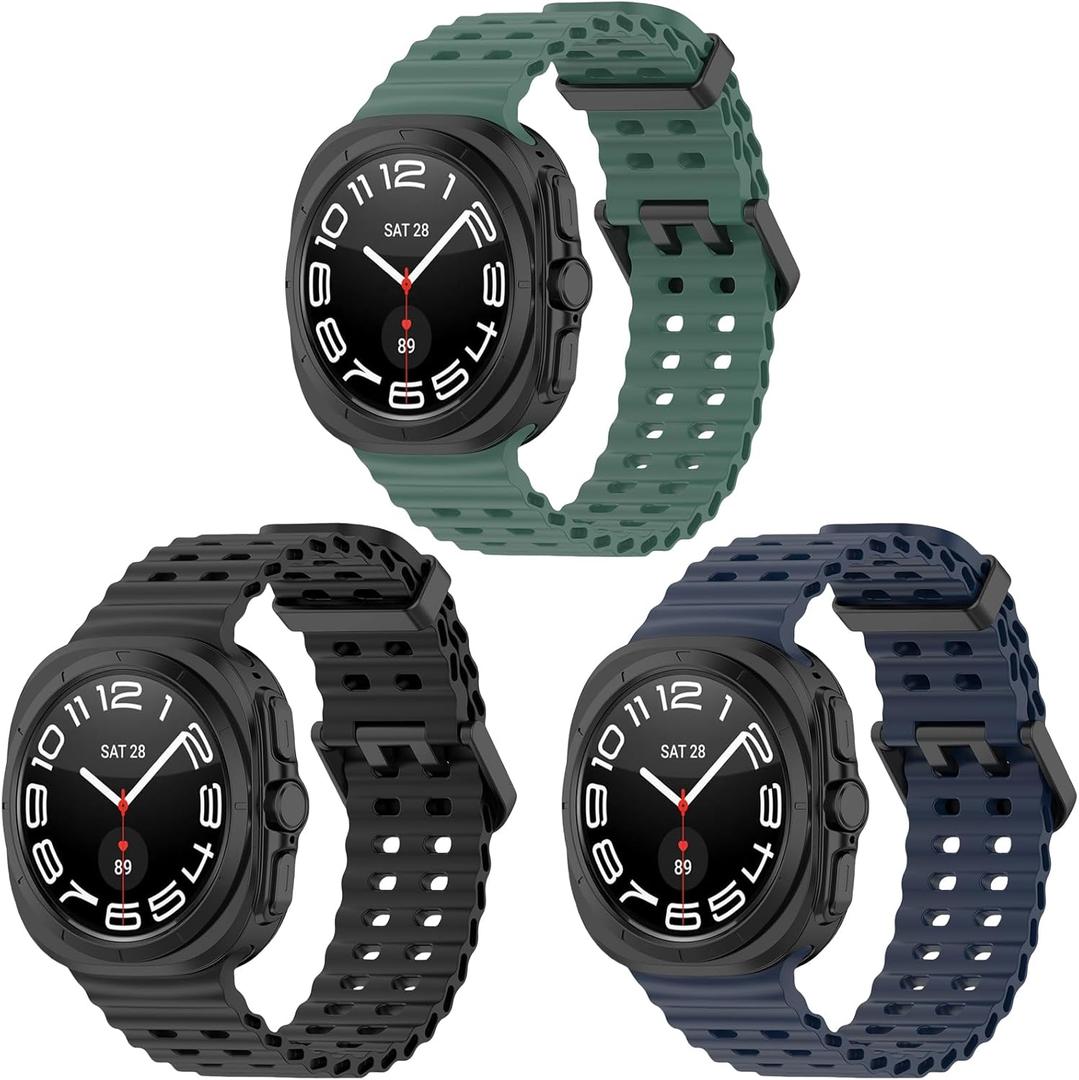 3 Pack Compatible for Samsung Galaxy Watch Ultra Band 47mm, Soft Ocean Silicone Sport Strap Replacement Accessory Watch Band for Galaxy Watch 7 Ultra Women Men