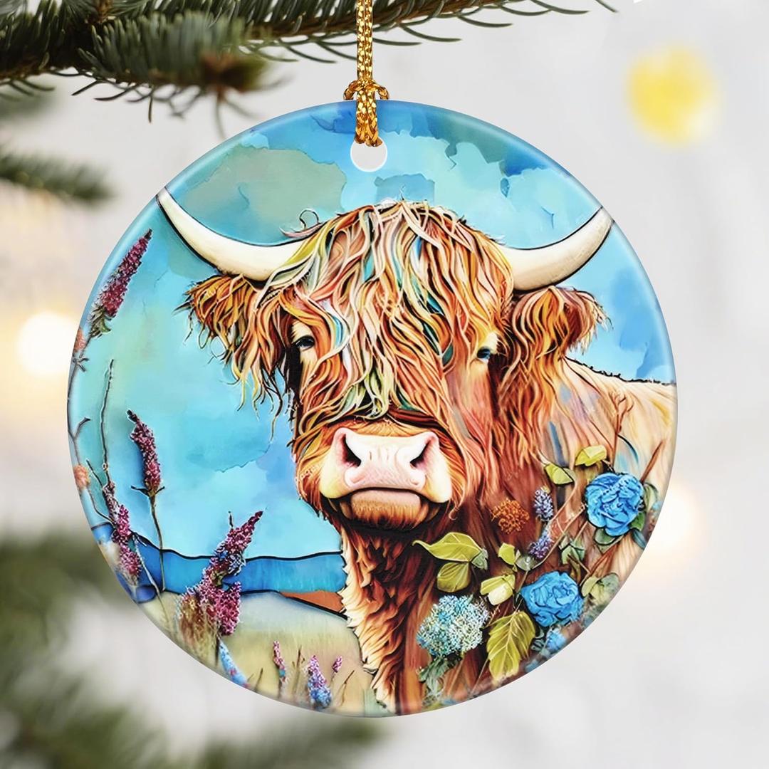 Christmas Ornaments, Dodosky 2.8in Ceramic Cattle Ornament, Xmas Decor, Christmas Tree Ornaments, Xmas Decorations for Tree, Holiday Ornament, Gifts for Cattle Lovers, Gifts for Women, Men