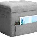 Storage Ottoman Foot Rest, Folding Linen Foot Stool with Thicker Foam Padded Seat. Small Ottoman with Storage Bench for Bedroom Living Room, Holds Up to 300 lbs, 17x13x13IN (Light Gray)