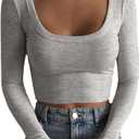Artfish Women's Square Neck Long Sleeve Ribbed Slim Fitted Casual Basic Crop Top (Heather Grey) S