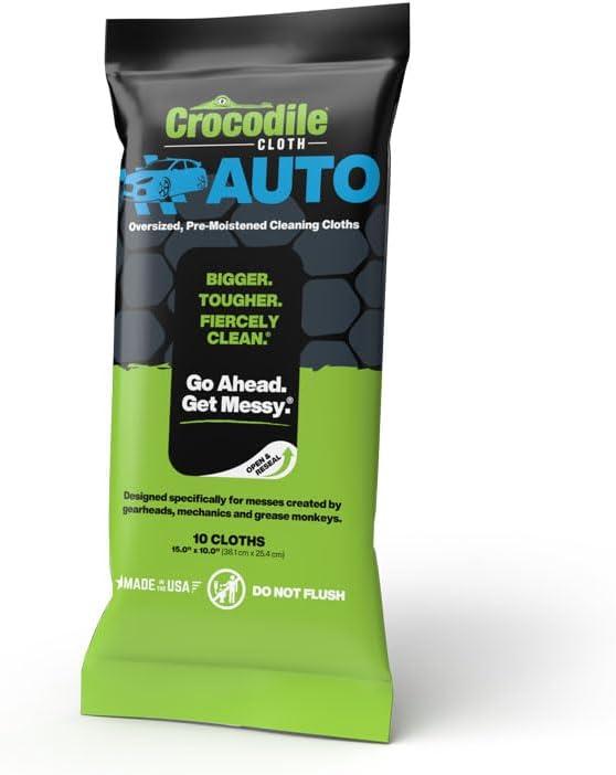 2 x Crocodile Cloth Auto Cleaning Wipes  10 XL (15" x 10") Disposable Wipes for Car Engine Degreasing, Body Detailing & Tire Cleaning  Cuts Grease, Oil, Adhesives on Hands, Tools, Parts & More