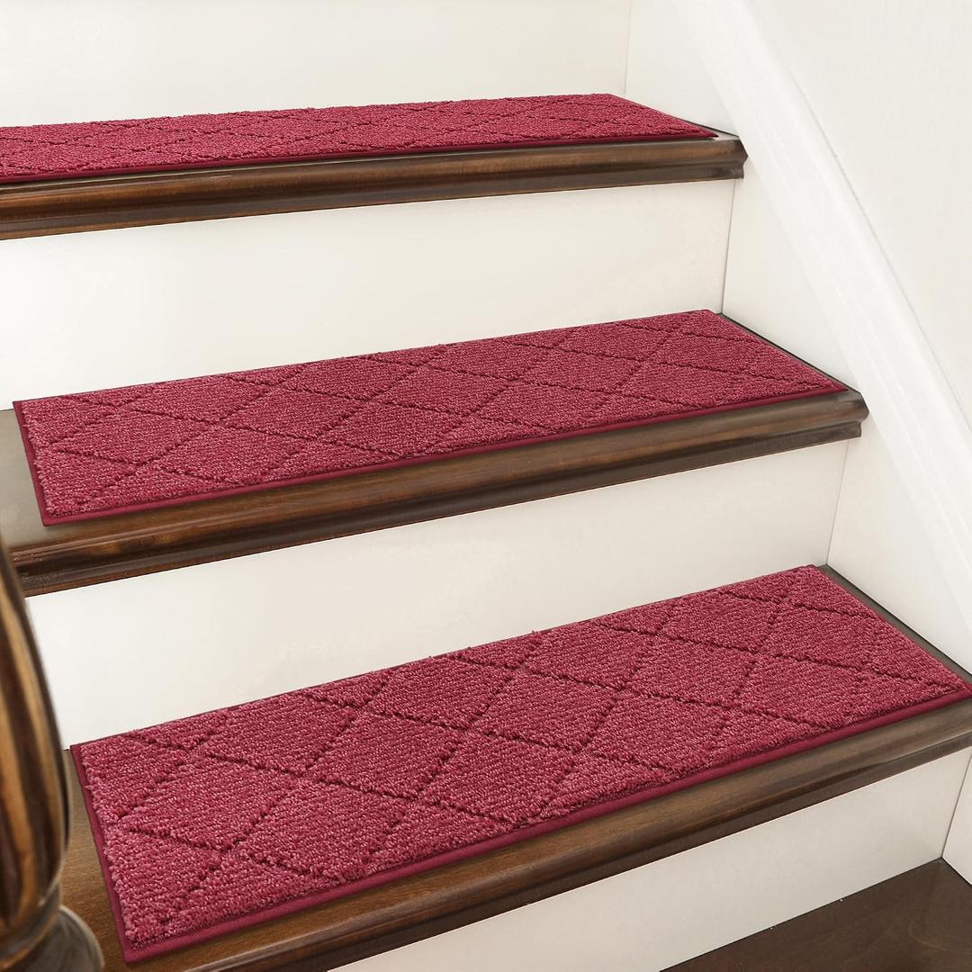 COSY HOMEER Edging Stair Treads Non-Slip Carpet Mat 28inX9in Indoor Stair Runners for Wooden Steps, Edging Stair Rugs for Kids and Dogs, 100% Polyester TPE Backing (15pc, Red)