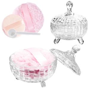 Large Body Powder Puff and Container, Glass Jar Dusting Powder Container with 2 Pcs Soft Large Dusting Powder Puff and Powder Spoon, Crystal Powder Container for Women Body Puff (Transparent)