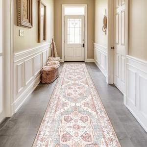 2x10 Area Rug Vintage Machine Washable Low Pile Carpet No Shedding Area Rugs for Living Room Bedroom Dining Room Kitchen Entryway Hallway Office Indoor-Pink/Blue/Red/Orange