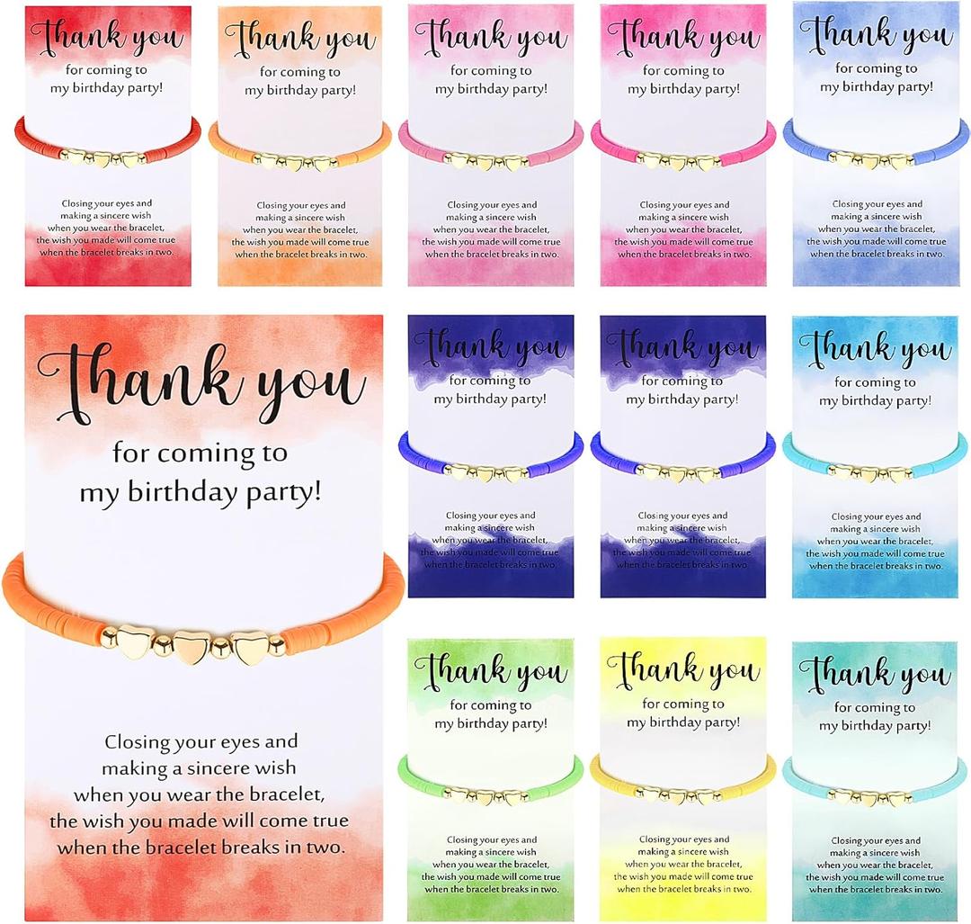 Huquary 12 Sets Birthday Bracelets Beaded Rainbow Clay Bracelet with Thank You Card Birthday Gifts for Party Favor Supplies Bags Suffer with Different Themes (Heart)