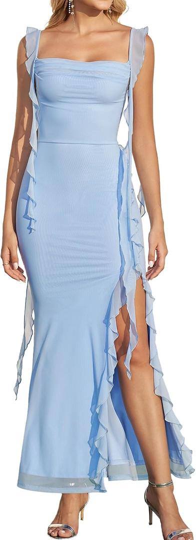 KUTUMAI Elegant Ruffle Long Bridesmaid Dress for Women Formal Wedding Guest (Blue, XS)