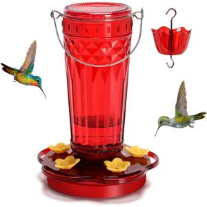 Hummingbird Feeder-14 Ounces5 Feeding Ports Glass Hummingbird feeders for Outdoors,Wide Mouth for Easy Filling/CleaningHanging for Garden Backyard Decor, Includes Ant Moat (Red1Pack)