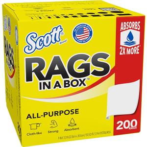 Scott Rags In A Box (57036), All-Purpose Towels, Large 9"x12" Towel (1 Box of 200 Sheets Total)