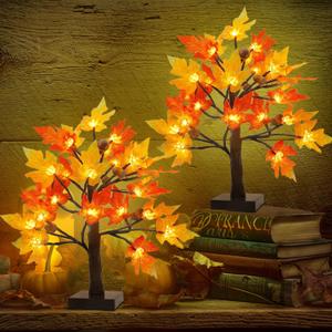 Fall Decorations for Home - 2 Pack 18" Lighted Maple Tree with Timer, Thanksgiving Autumn Table Decor for Office, Desk, Table Centerpiece, Bedroom