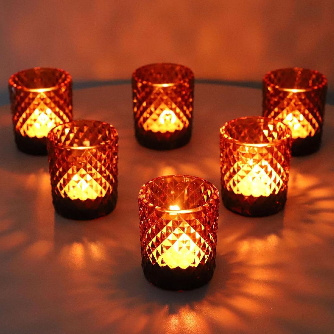 Woho 12pcs Amber Votive Candle Holders Vintage, Glass Tealight Candle Holder for Boho Wedding Table Centerpiece, Brown Tea Lights Candle Holder for Halloween Thanksgiving Decor