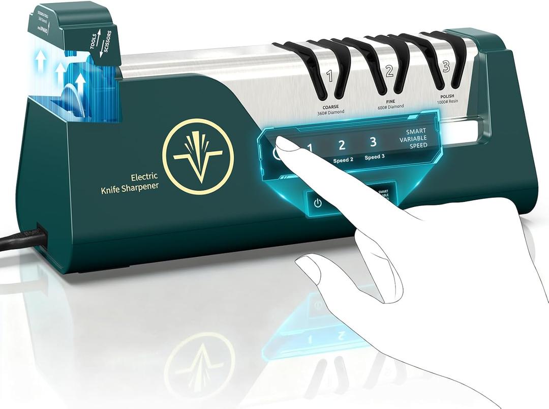 Professional Electric Knife Sharpener with 100% Diamond Abrasives & Precision Angle Guides, 3-Speed Variable 4-Stage Open Touch-Screen Knife Sharpener for Straight, Serrated Edges, Scissors & Axes (Bright green + gold font)