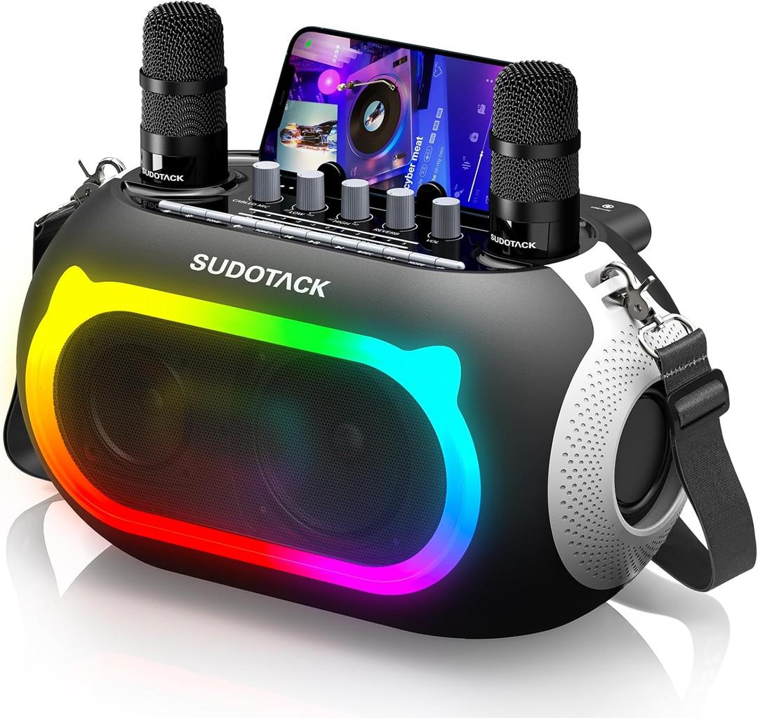 SUDOTACK Karaoke Machine for Adults Kids with 2 Wireless Microphones, Bluetooth PA Speaker System with Echo/Bass/Treble Adjustment for Home Party, Outdoor, Church, Picnic, Birthday Gifts (Space Black)