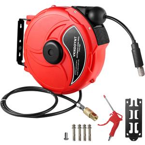 Retractable Air Hose Reel, 1/4 in x 50 FT Hybrid Polymer Hose, Air Compressor Hose Reel with 5 ft Lead in, Ceiling/Wall Mount Enclosed Air Reel, 180 Swivel Mount, Red/Black