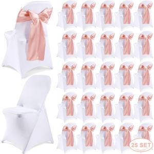Lounsweer 50 Pcs Folding Chair Cover Set with 25 Stretch Spandex Slipcovers 25 Satin Chair Sashes Bows Ribbon Washable Banquet Protector for Wedding Event Party(White, Rose Gold)