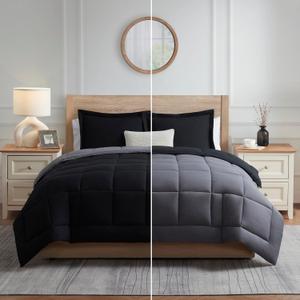 Nestl 3 Piece Quilted Down Alternative Comforter Oversized King Size With 2 Pillow Shams - All Season Black/Grey Duvet Insert With Corner Tabs