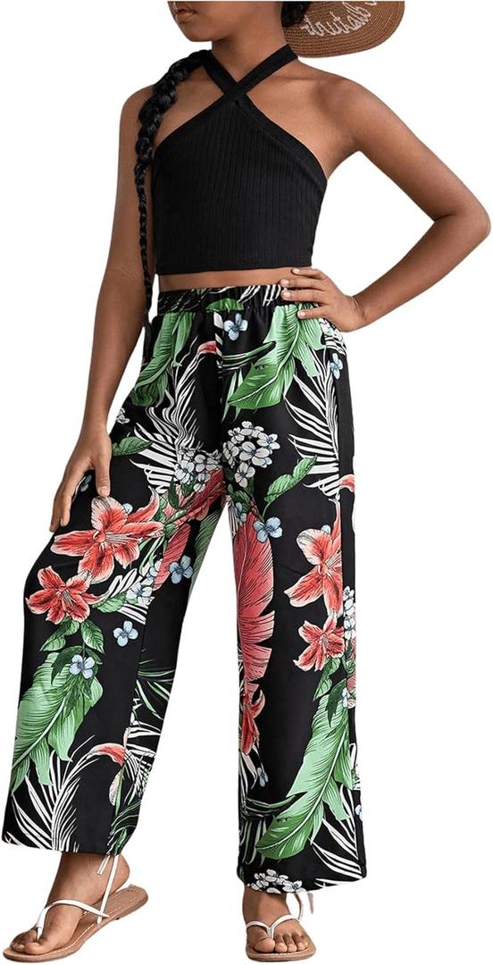 OYOANGLE Girl's 2 Piece Clothing Sets Outfits Sleeveless Halter Crop Top and Tropical Print Pants Sets (Black Multi, 11-12 Years)