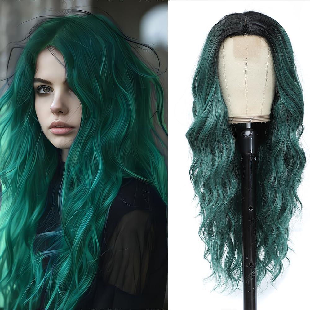 HMHIFI Long Green Wig for Women 26Inch Wavy Curly Ombre Green Hair Wigs Synthetic Hair Replacement Wig Heat Resistant Hair Wig for Daily Party Use(26'' Green)