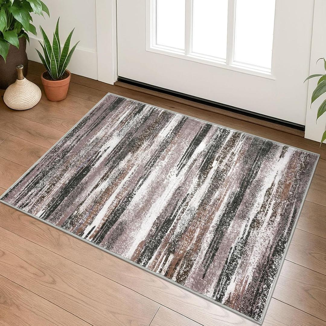 Modern Abstract Entryway Rug Indoor 2x3 Washable Rug Non-Slip Soft Small Area Rug Dark Light Brown White Kitchen Mats Thin Print Faux Wool Floor Carpet Throw Rugs Backdoor Mat for Entry