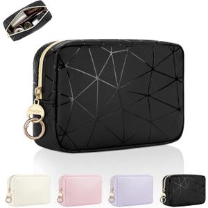 Small Makeup Bag for Purse, Small Cosmetic Bag with Ring Buckle & Inner Pockets, Portable Toiletry Makeup Pouch Purse for Travel Daily Use (Black)