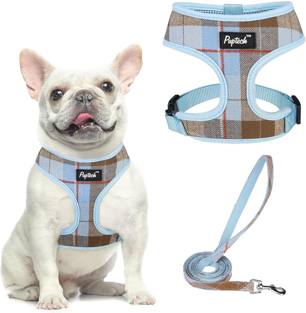 PUPTECK Soft Mesh Dog Harness and Leash Set Pet Puppy Cat Comfort Padded Vest No Pull Harnesses, Blue&Brown, M (M (NECK: 14", CHEST: 17"-21"))