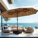 PHI VILLA 15ft Large Patio Umbrella with Solar Lights, Double-Sided Outdoor Market Rectangle Umbrellas with 36 LED Lights, Umbrella Base (Stand) Included, Maillard Brown