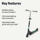 Amazon Basics Kids Kick Scooter, Foldable, Light Up Wheels, Adjustable Handlebar, Aluminum Frame, 3.9-Inch Wheels, Black/Teal