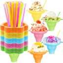 200Pcs Colorful Snow Cone Cups with Spoon Straws,4oz Plastic Flower Shaped Ice Cream Cup,Reusable Ice Cups Snack Bowls for Summer,Birthday,Party,Cookout,Food Service(5 Colors)