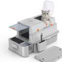 Soulbond Stainless Steel Cat Litter Box with Lid, Enclosed Large Metal Litter Box with Drawer and Flip Door for Big Cats, Top Entry, Odor Control, Easy to Clean (Light Grey)