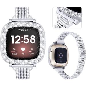 MOFREE Bling Band Compatible with Fitbit Versa 3 Bands/Fitbit Sense Bands Women with Hard Bling Bumper Protective Case,Dressy Jewelry Diamond Rhinestone Metal Wristband for Fitbit Versa (Silver)