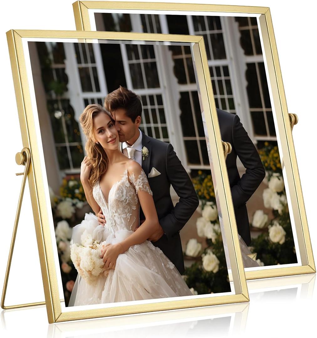 Kifmurase 2Pcs Gold 8x10'' Floating Frame, Gold Metal Lace Edge Frames, Adjustable Tabletop/Shelf Photo Frame, For Photo Sizes (5x7'', 6x8'', 7x9'' up to 8x10''), Classy Gift For Birthday or Wedding