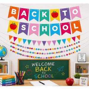 Yinder Back to School Decorations, 8-piece First Day of School Cardstock Banner Garland Kit with Letter Banner, Pennant Flags and Paper Dot Garlands for Classroom Door Bulletin Board Party