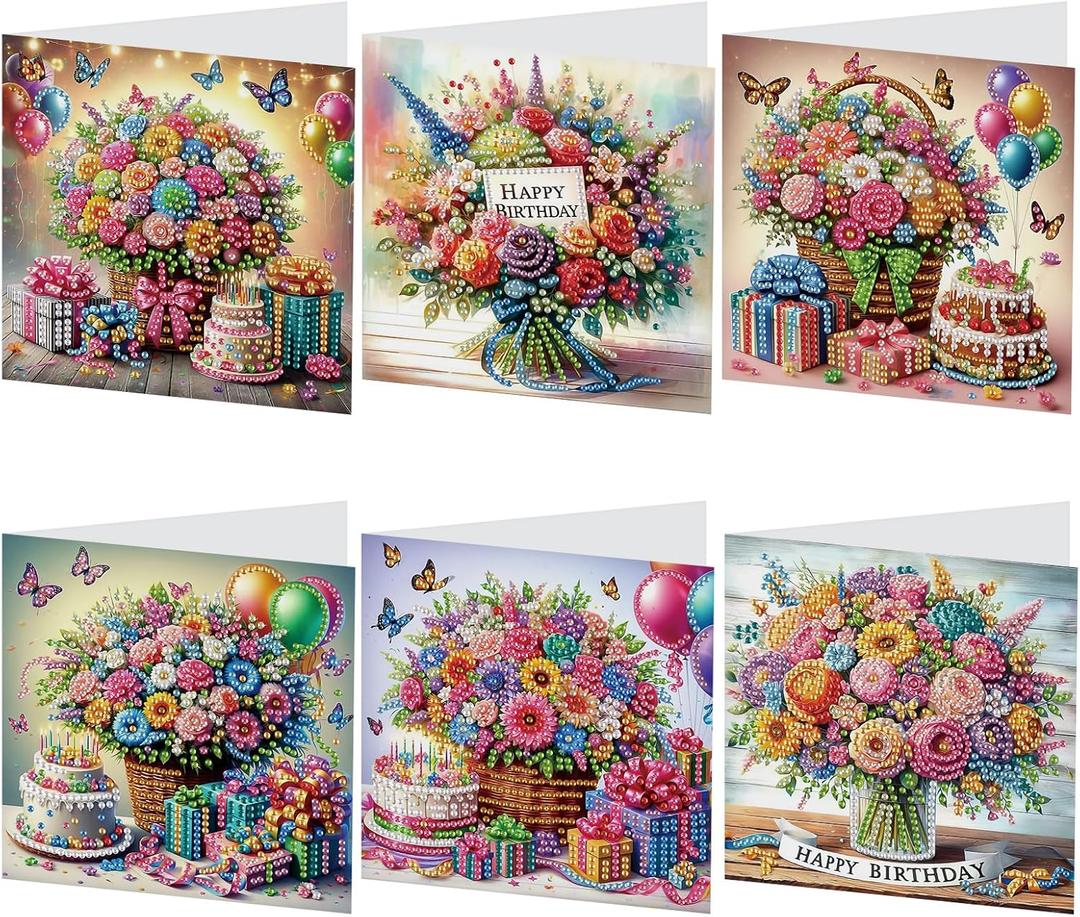 Tontut 6 Pieces Diamond Art Painted Greeting Cards, Flower Basket Gift Butterfly 5D DIY Special Shape Diamond Card Creative Gifts, Christmas Thanksgiving Greeting Card Congratulation (Rose Bouquet)