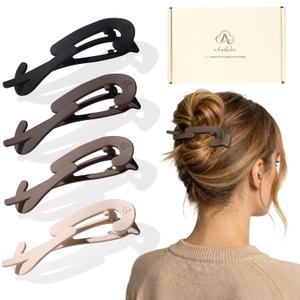 Large Twist Flat Hair Clips for Medium Thick Hair, Stylish Flat Claw Clips for Women, French Hairclips for Long Straight Curly Hair - Beige, Light Brown, Dark Brown, Black, 4pcs