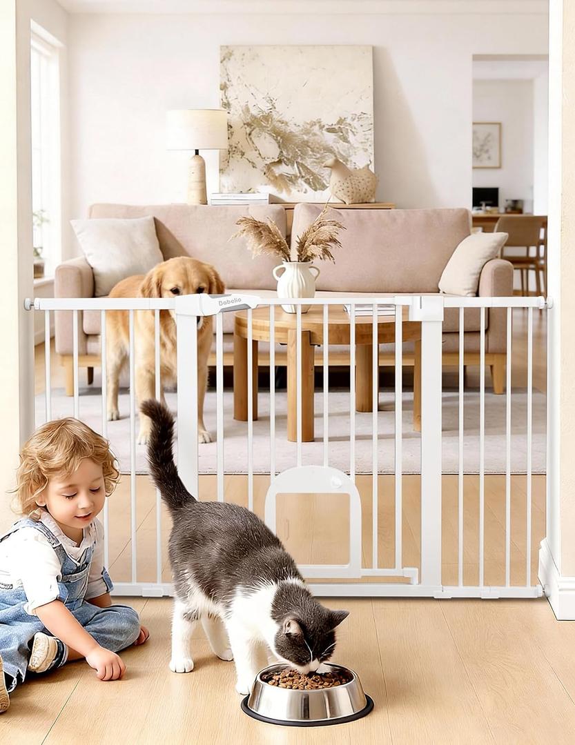 Babelio Baby Gate with Cat Door, CatPrivilege , Extra Wide 29-55" Cat Gate, 30" Tall Pressure Mounted Safety Gate for Large Openings, Stairs & Doorways, Auto Close, White