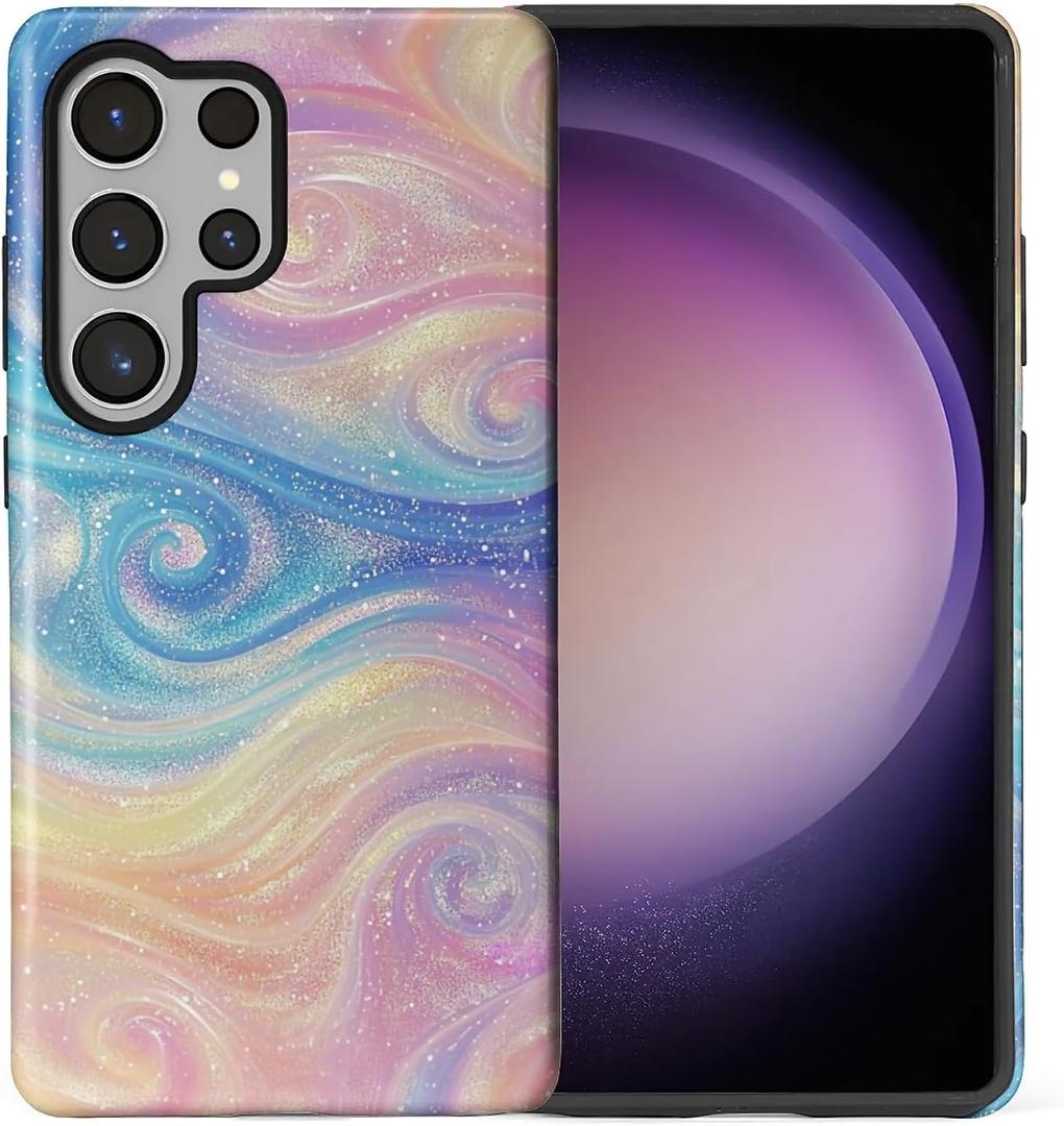 CARLOCA Compatible with Samsung Galaxy S25 Ultra Full Body Matte Case for Girl Boy Hard Shell Shockproof for Samsung Galaxy S25 Ultra Fashion Pattern Dreamy Glittery Rainbow Clouds Swirls