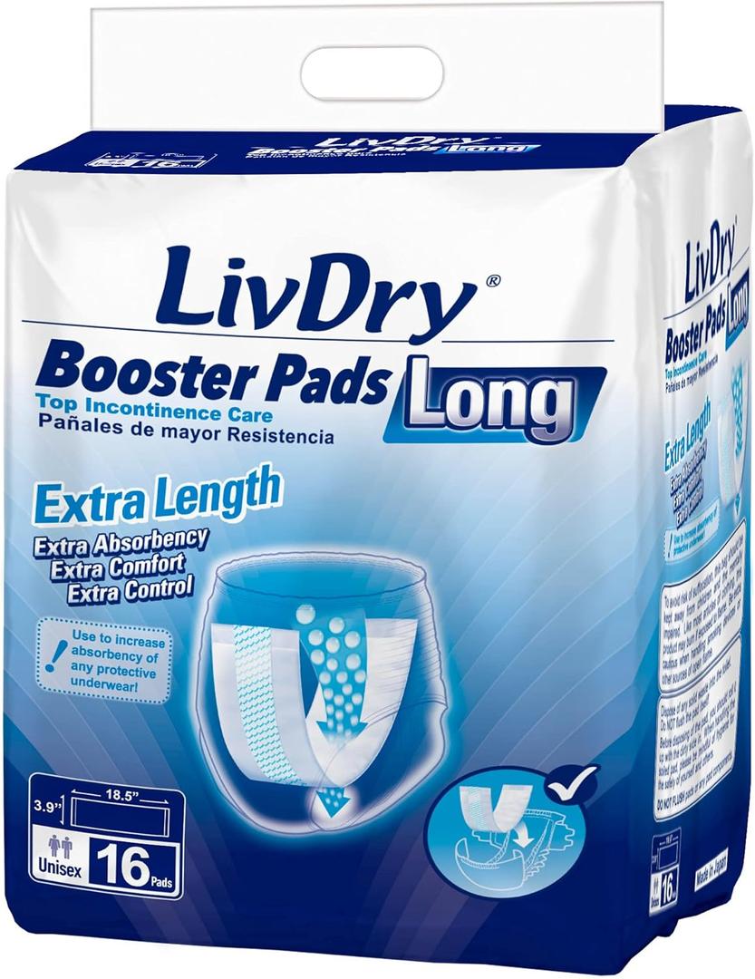 LivDry Incontinence Booster Pads, Use with Adult Diapers for Women and Men, Extra Comfort Softness, Disposable Pad (32 Count, Long Length)