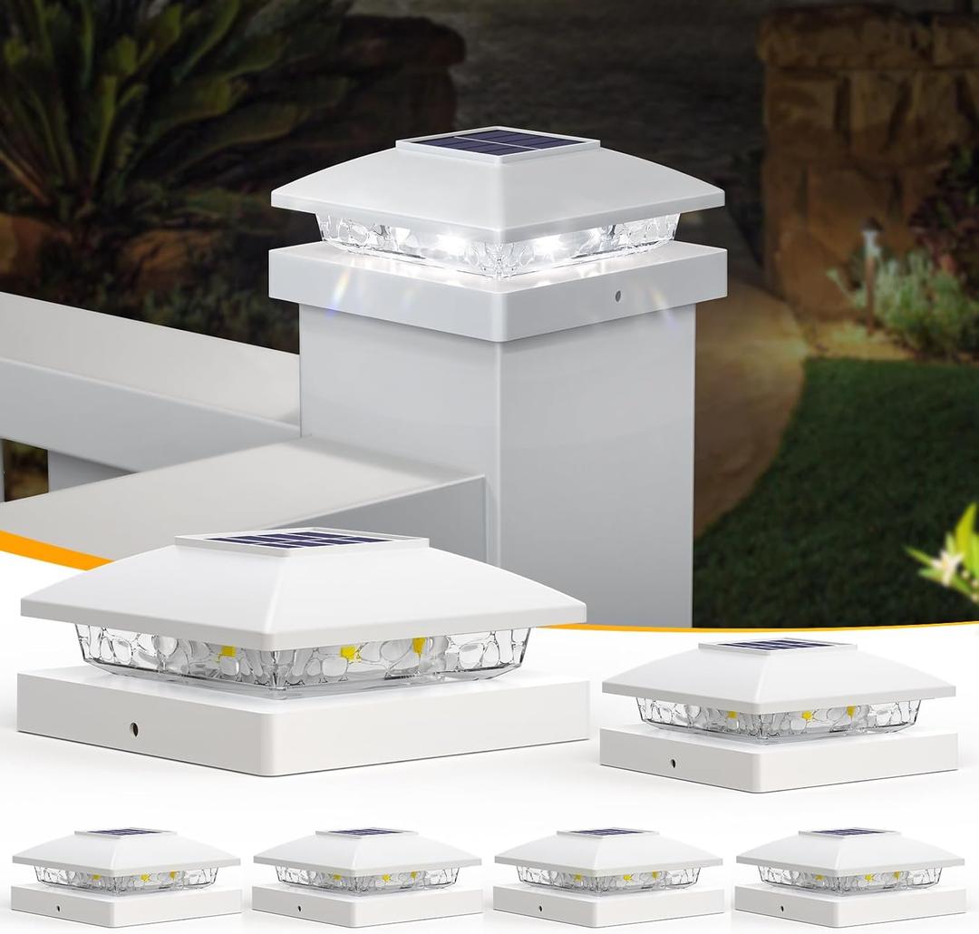 APONUO Solar Post Cap Lights for 4x4 Posts, Bright Cool White LED Post Cap Lights Solar Powered, IP64 Waterproof & All-Night Lighting, White 6 Pack – Deck, Fence, Patio Light (Easy Install)