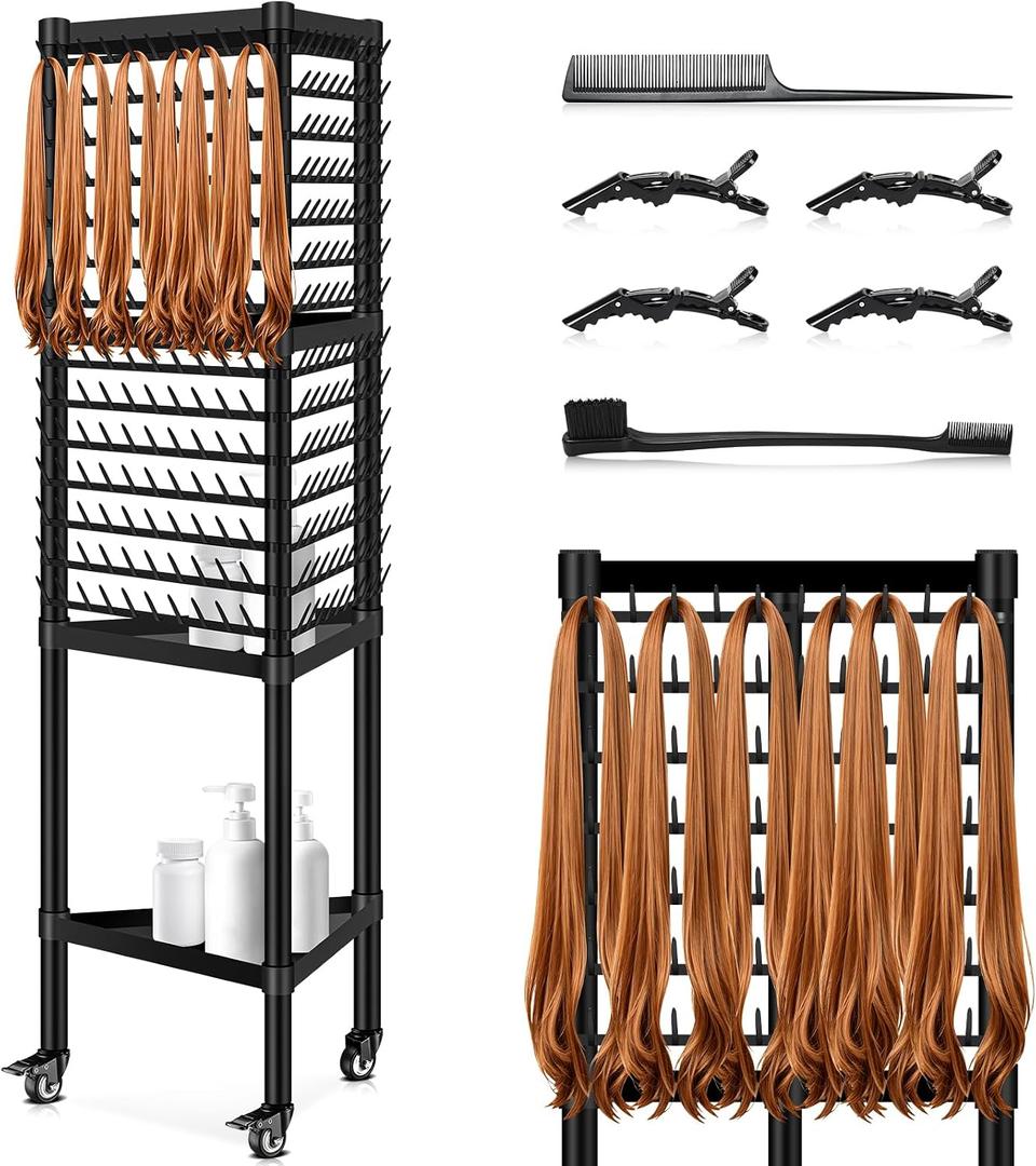 GADFISH Braiding Hair Rack Standing Hair Extension Holder Hanger, 420 Pegs 3-side Rack for Braiding Separator Display Stand (Black)