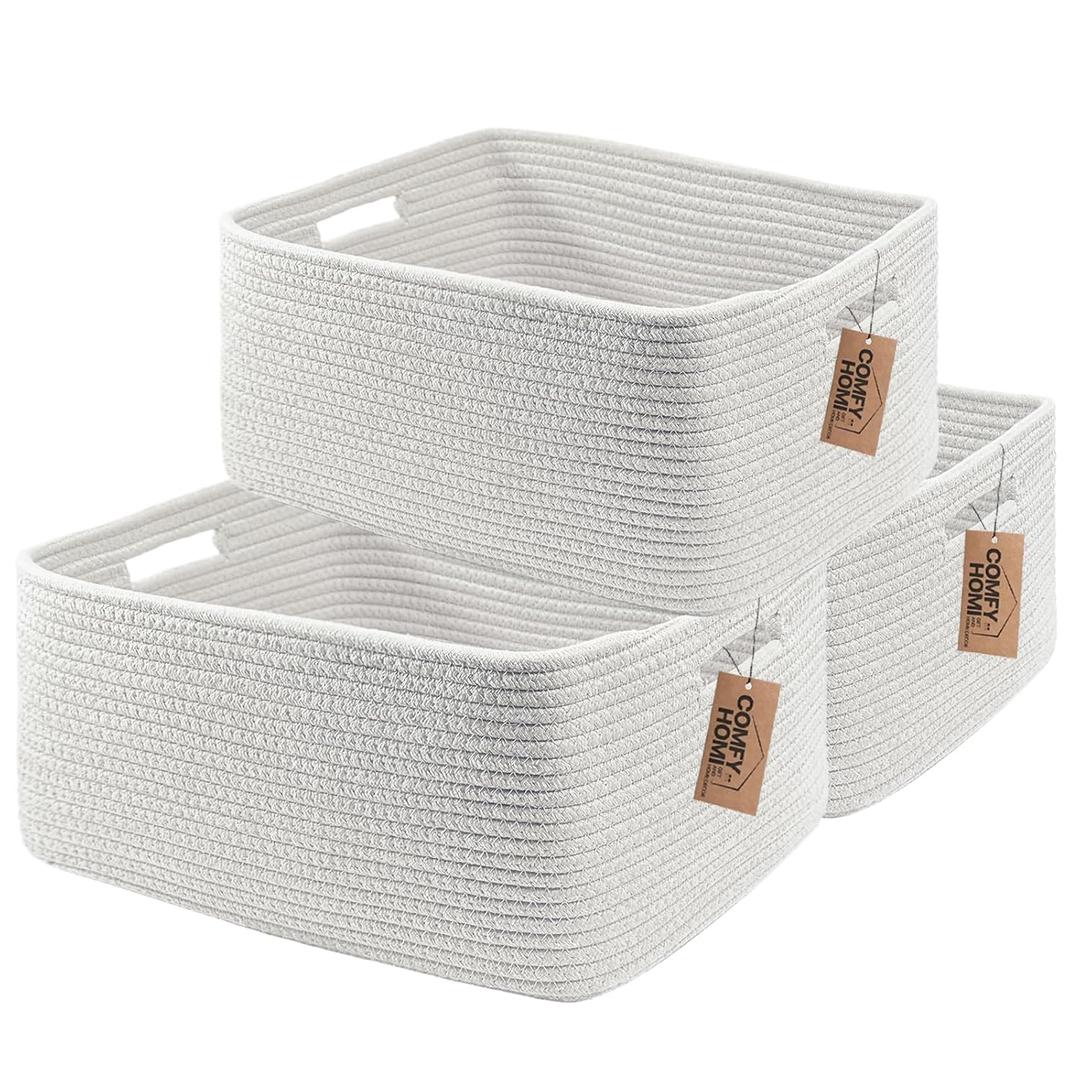 COMFY-HOMI 3 pcs Large Storage Baskets for Shelves, Laundry Basket, Woven Rope Basket, Closet Organizer Bins for Clothes Blanket Towels, Baby Nursery, Gift Toy Baskets, 17 x 13 x 7.5-White