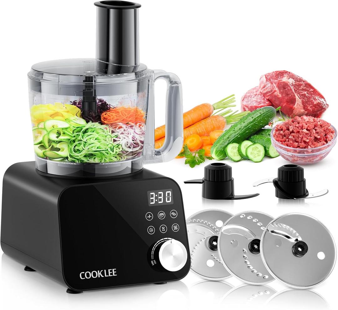 COOKLEE Food Processor, 600 Watts, 6 Functions Electric Vegetable Chopper for Chopping, Mincing, Dicing, Shredding, Slicing, Purees & Dough with 12-cup Processor Bowl, Food Chute & Pusher, Black