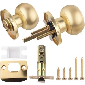 Gold Door Knobs Interior, Satin Brass Door Knobs for Bedroom and Bathroom, Privacy Door Knob with No Lock, Modern Round Ball Door Handle, Heavy Duty Stainless Steel, Keyless Locking, 1 Pack