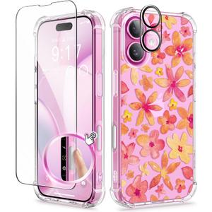 GVIEWIN for iPhone 16 Plus Case Floral, with Screen Protector&Camera Lens Protector, [Non Yellowing] Soft Shockproof Clear Phone Protective Cover for Women, Flower Pattern Design 6.7"(Hemerocallis)