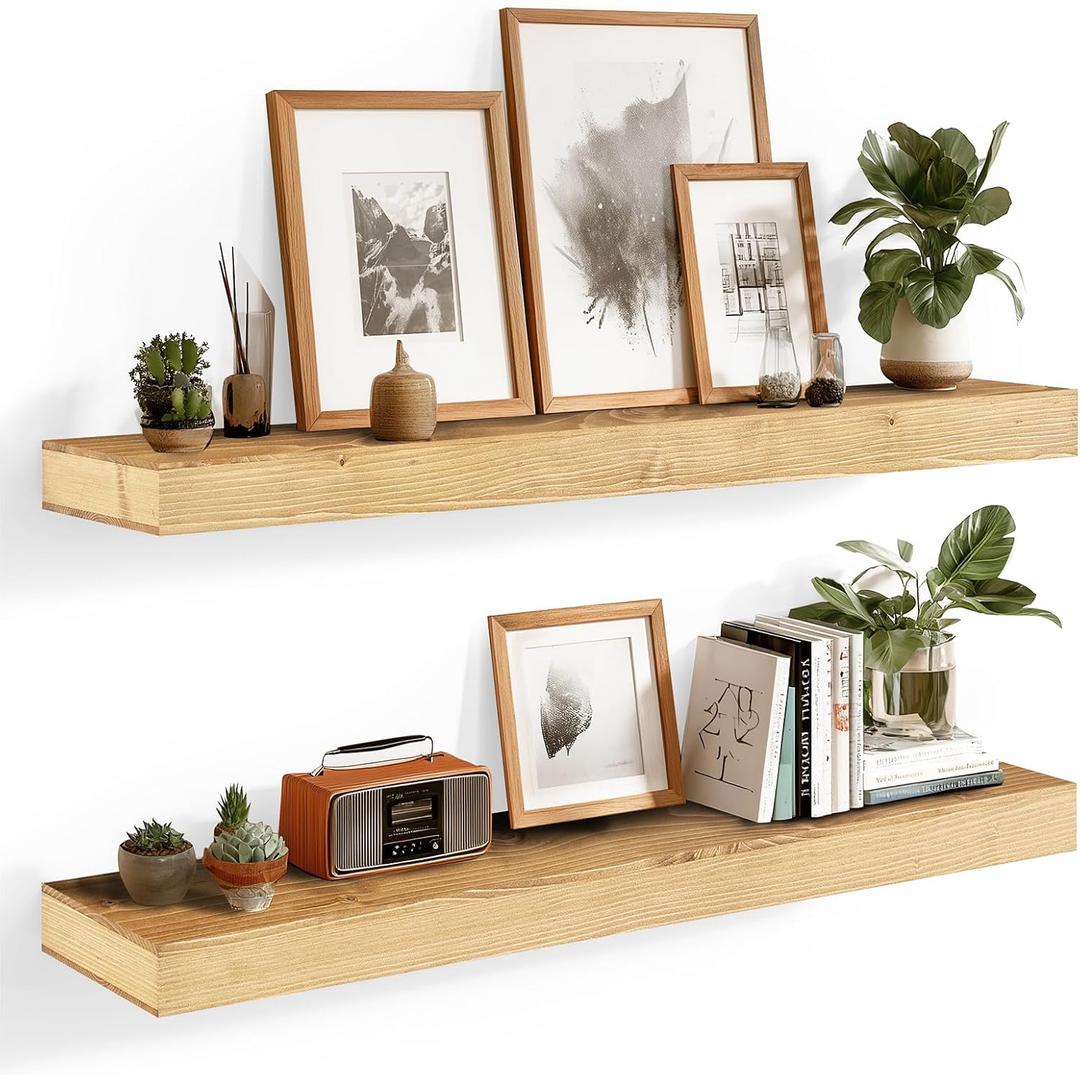 36x6.8x2 Inch Rustic Floating Shelves for Wall Set of 2 - Oak Solid Wood Wall Mounted Shelves with Invisible Bracket, Extended Design for Farmhouse Living Room Bedroom Kitchen Decor