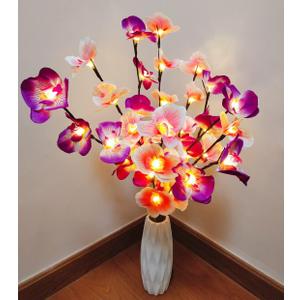 Fantasee Orchid Twig Lights,20 LED Artificial Phalaenopsis Branch Lights Battery Powered Flexible Branch Decor Lights for Home Shop Windows Vase Room Wedding Christmas (2 Packs, Pink + Purple)